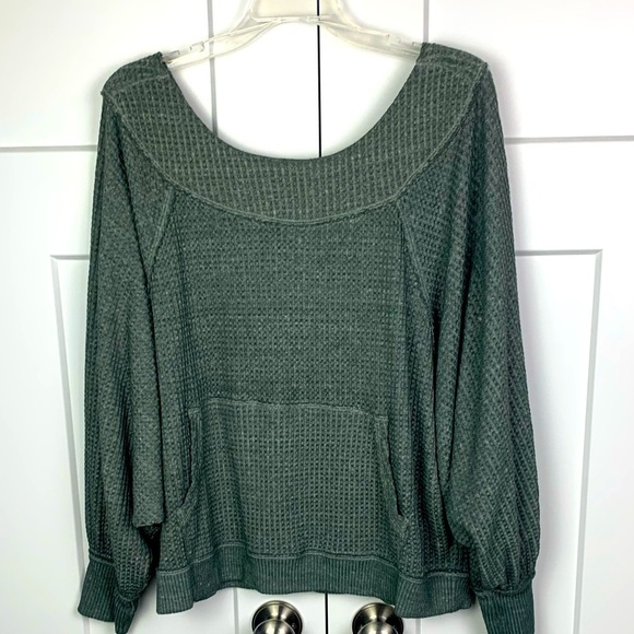 Free People Westend Thermal Top Small Green Waffle Oversized Slouchy Shirt - Picture 1 of 7